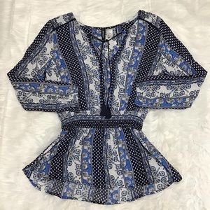 Women’s Blue White Black Floral print  Long Sleeve Shirt Drawstring closure